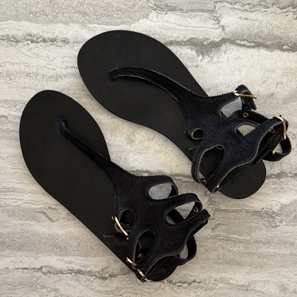 ANCIENT GREEK Black Ponyhair Sandals
